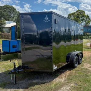 New enclosed trailer front view available at Hunt’s Custom Cargo