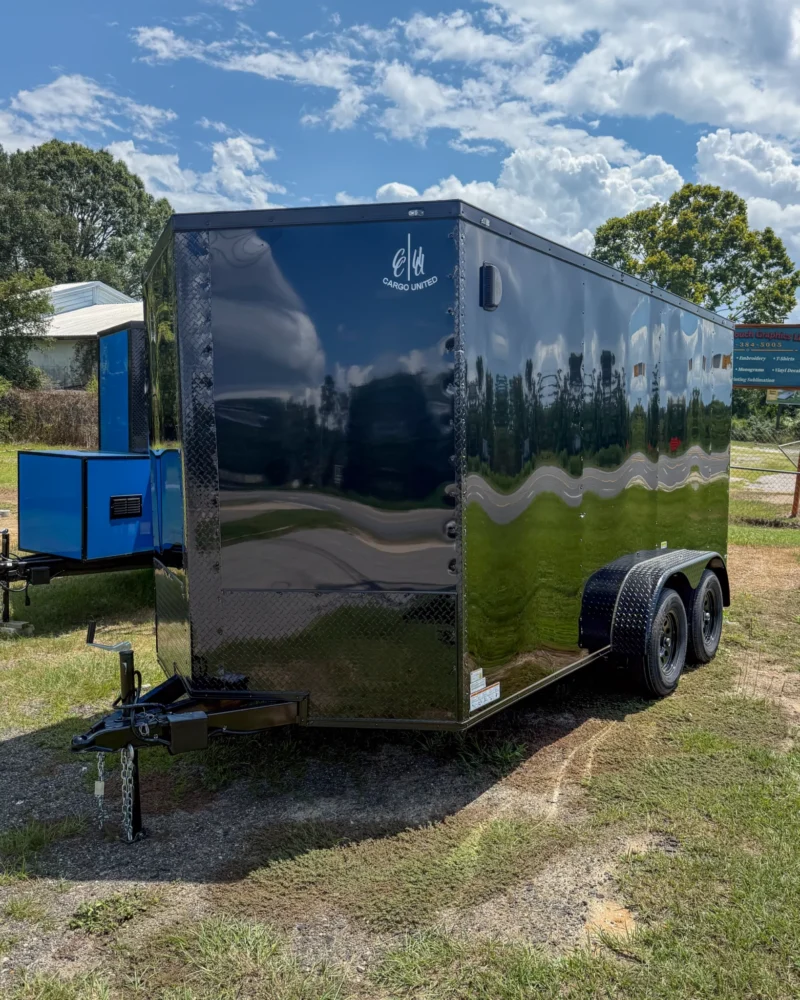 New enclosed trailer front view available at Hunt’s Custom Cargo